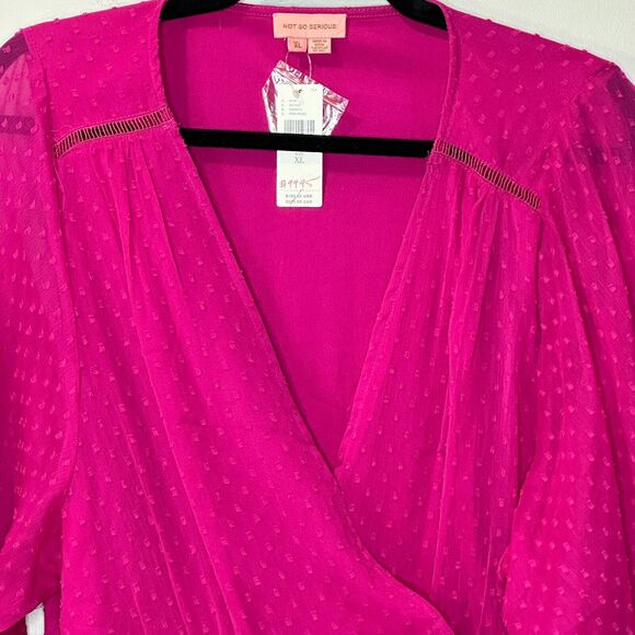 Not So Serious Anthro Swiss Dot Smocked Cuffs Wrap Mini Dress Pink Women XL NWT - Picture 8 of 12